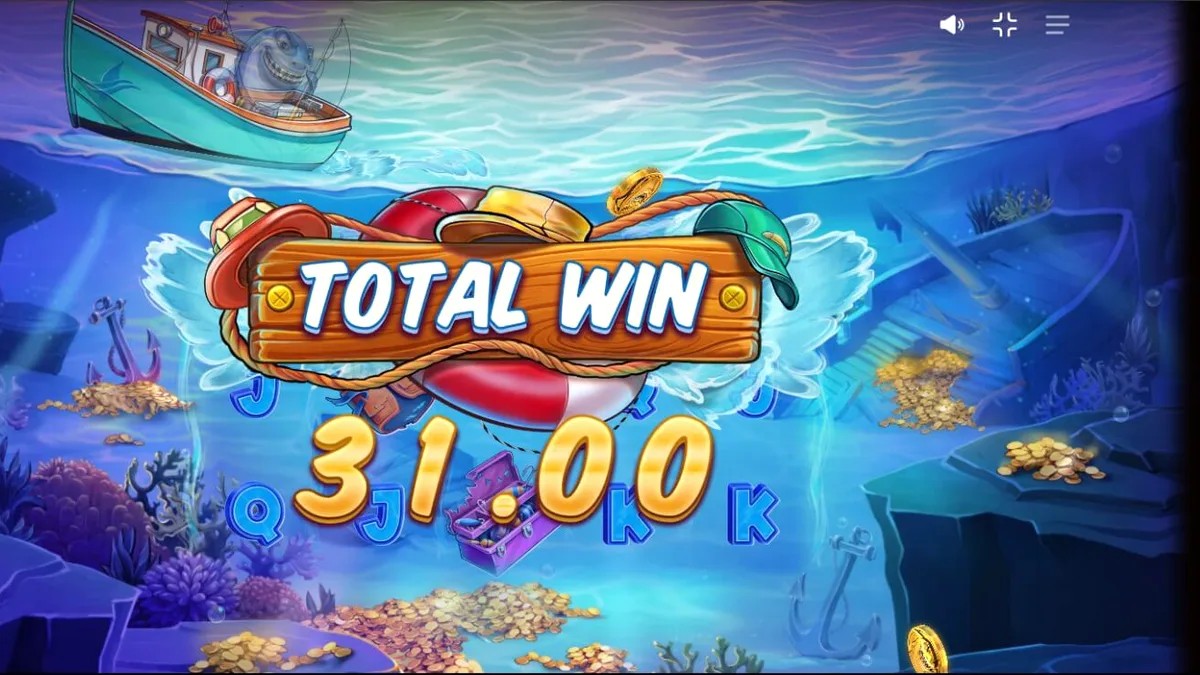 Ang Shark Boss slot ay nagtatampok ng isang pating na nakasakay sa bangka na nanghuhuli ng mga mangingisda sa isang makulay na dagat.