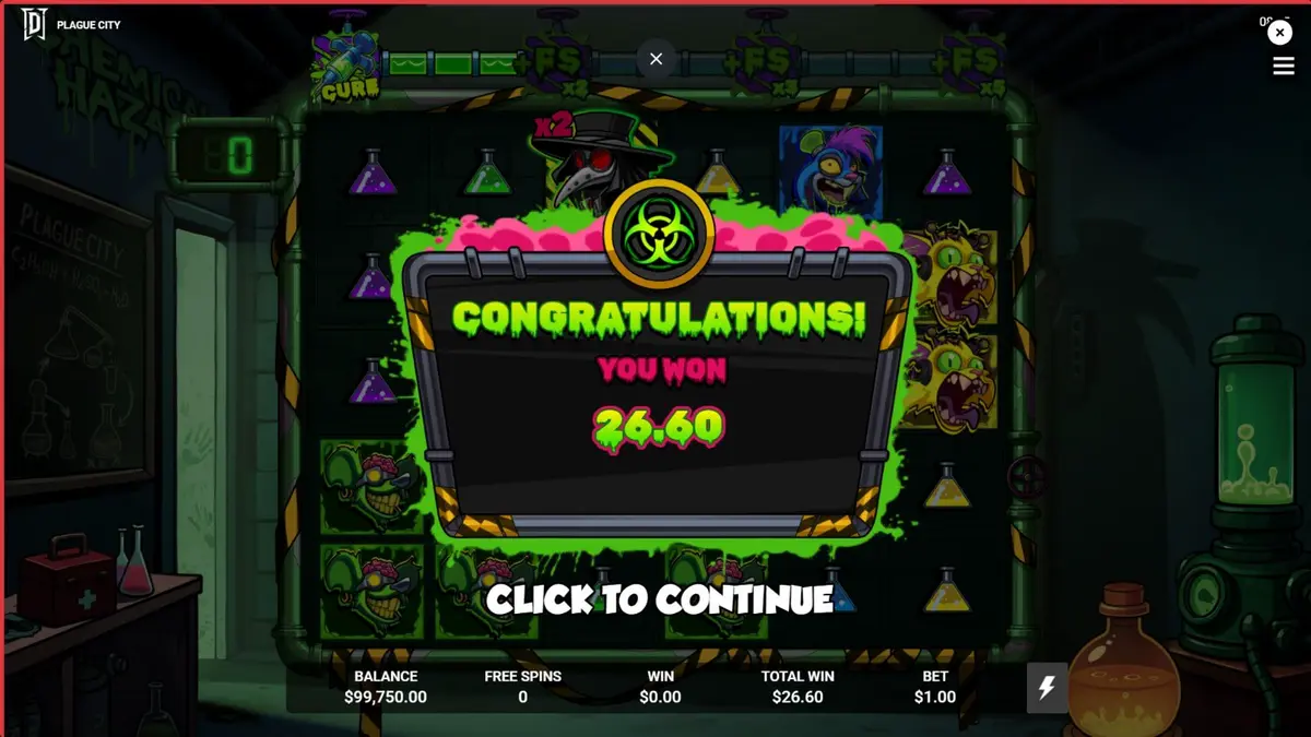 Plague City slot game interface na may apocalyptic theme at mutated creatures.