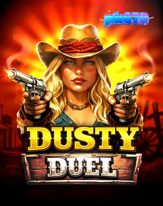Isang tanawin ng Wild West na may revolver at mga simbolo ng laro sa Dusty Duel slot.